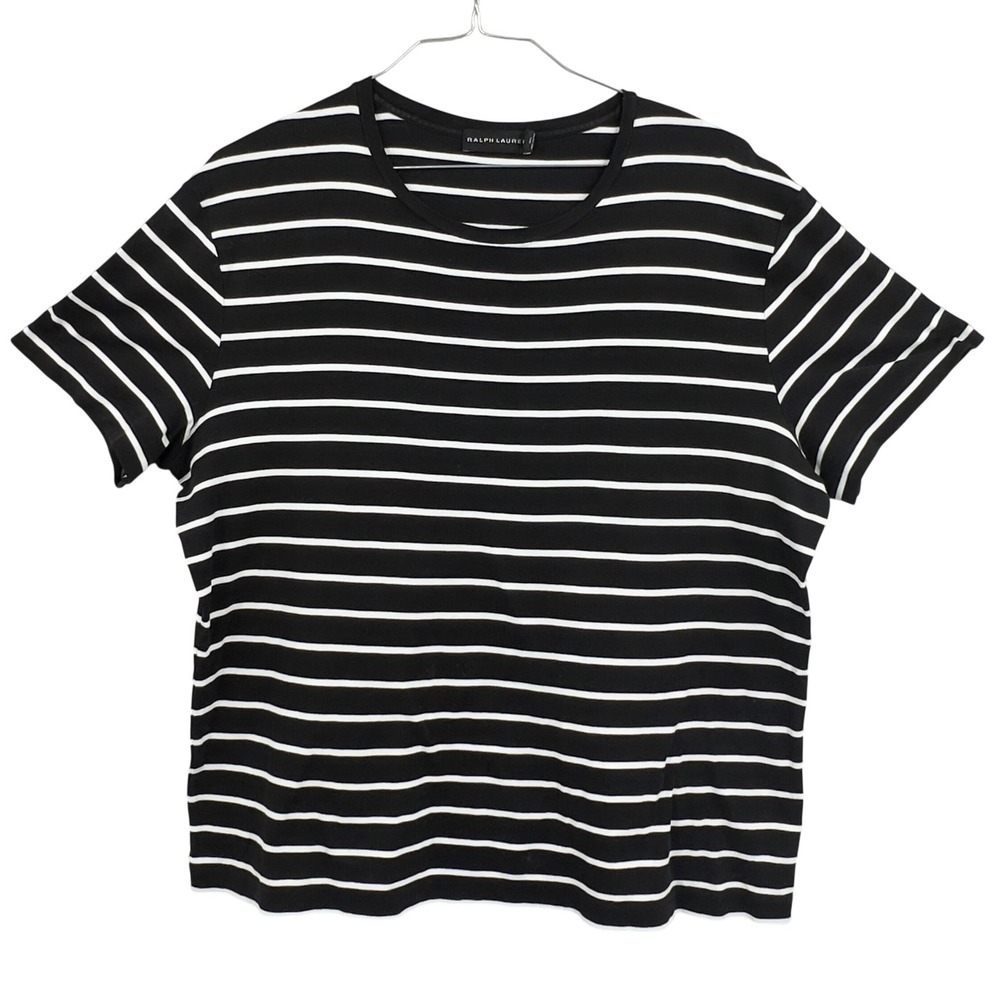 Ralph Lauren Black Label Women's Striped Cotton Tee Black White Crew Neck XL